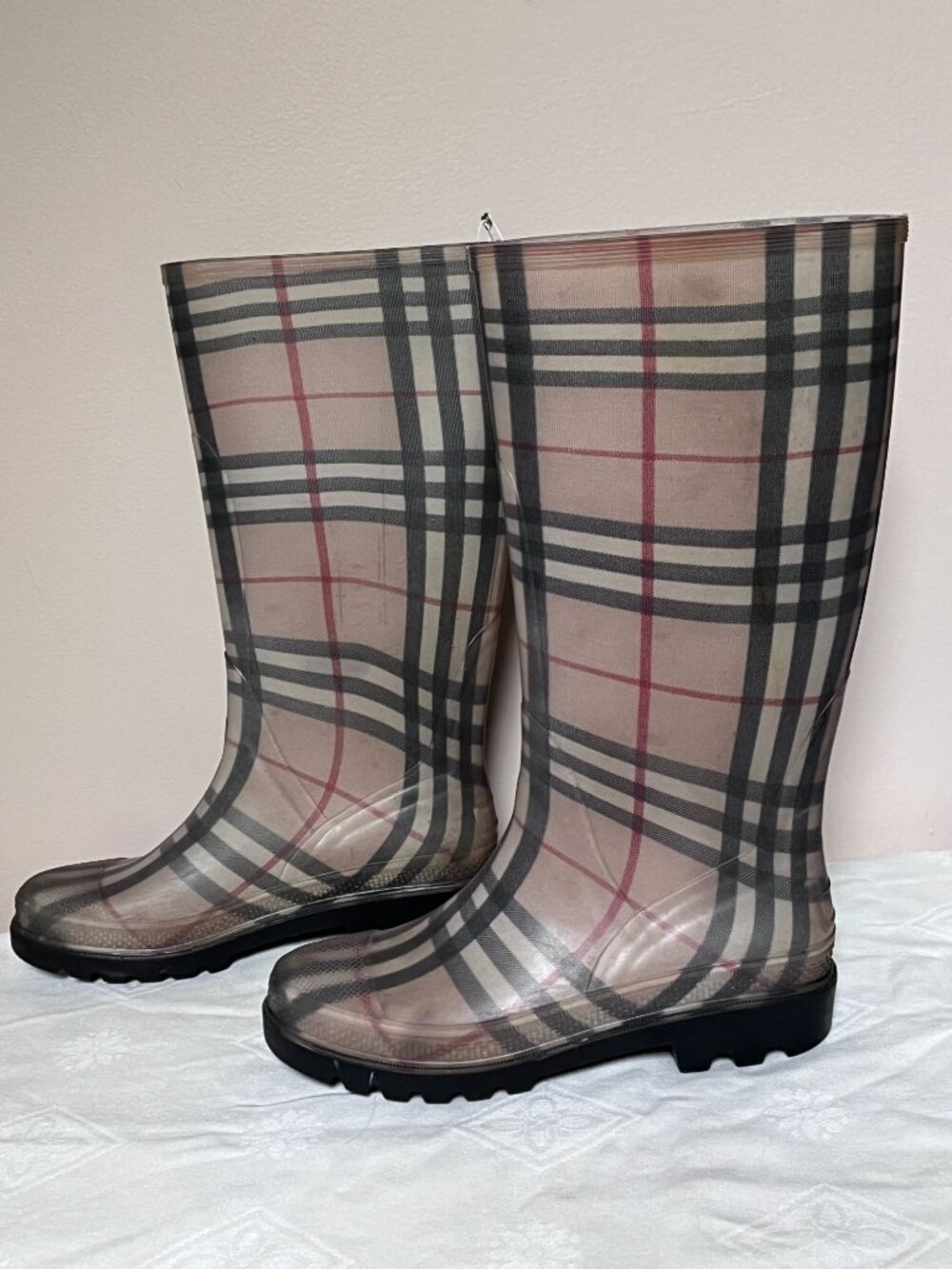 Burberry Womens Plaid Tall Rubber Rain Boots Size 37 USA 6-7 Made In France